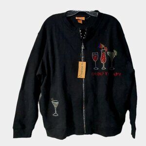 Womens Jacket Size Large Black Embellished "Group Therapy" Wine Glass Design